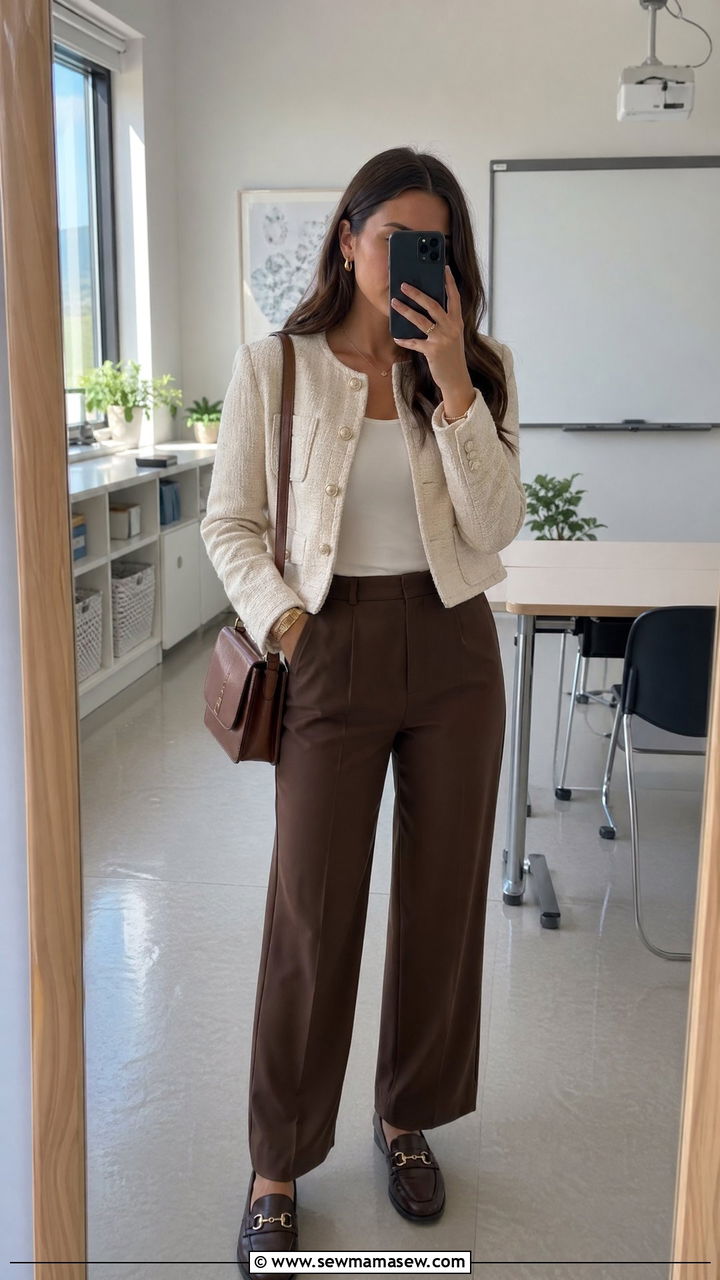 Tweed jacket with brown trousers interview outfit - 35 Teacher interview outfit ideas