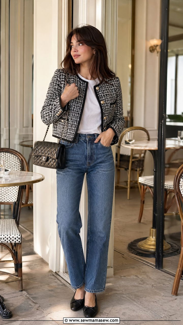 Tweed jacket with classic blue jeans and ballet flats - 35 transitional french girl outfit ideas