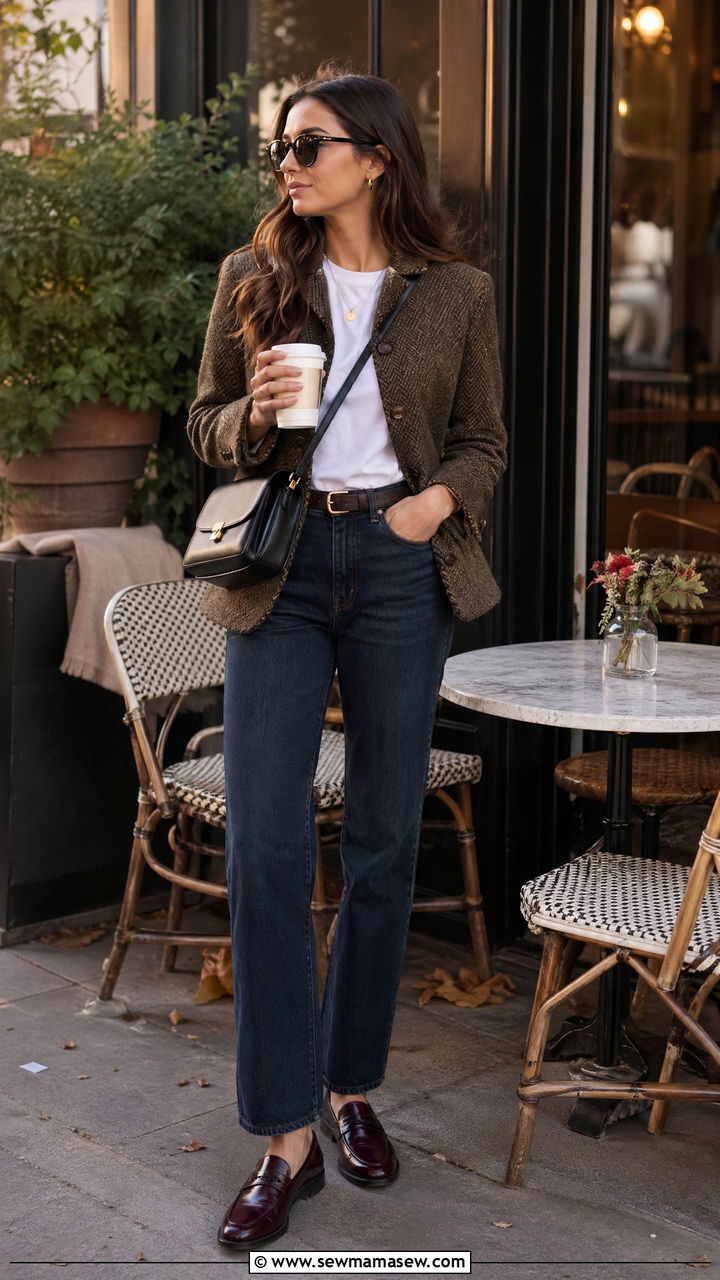 Tweed jacket with dark jeans and loafers - 35 casual old money outfits