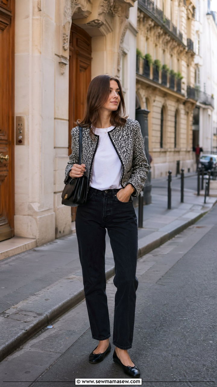 Tweed jacket with straight jeans and ballet flats - 35 classy travel outfit ideas