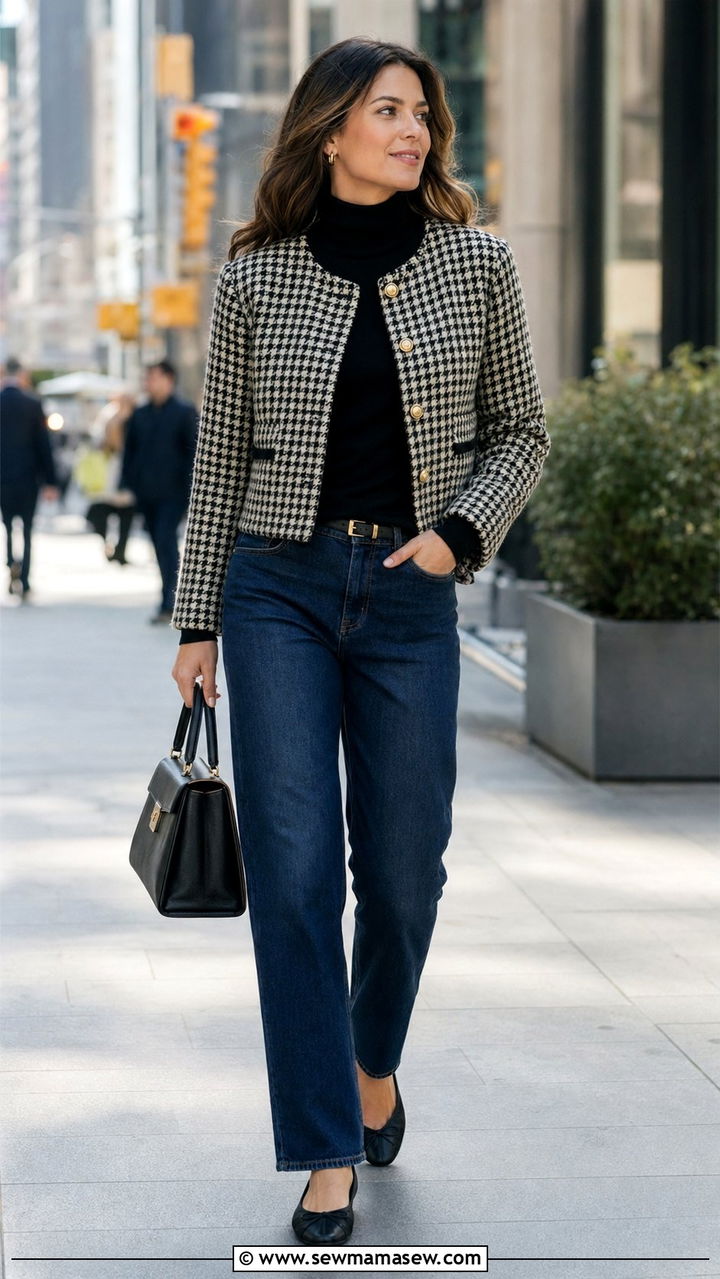 Tweed jacket with straight leg jeans and ballet flats - 35 Modest outfit ideas for office