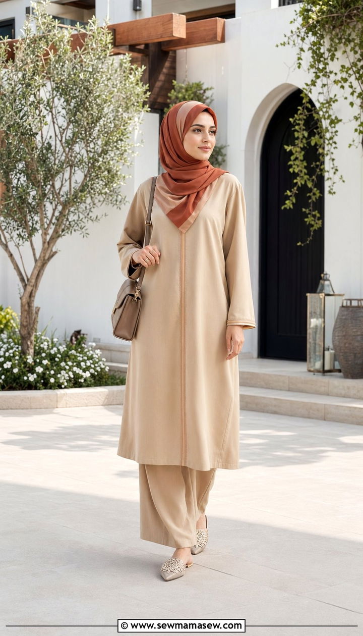 Two Piece Abaya Set With Color Blocked Hijab - 35 Ramadan outfit ideas for women