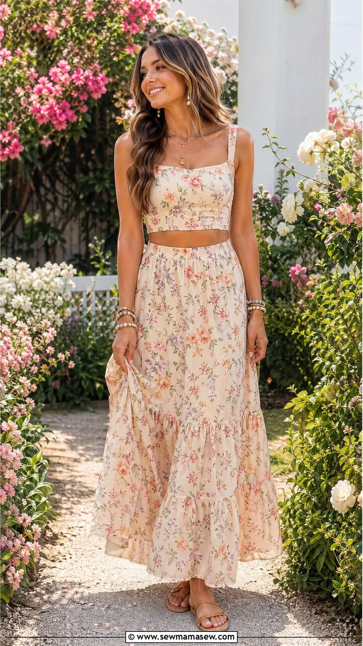 Two Piece Crop Top and Maxi Skirt Set - 35 Spring garden party outfit ideas