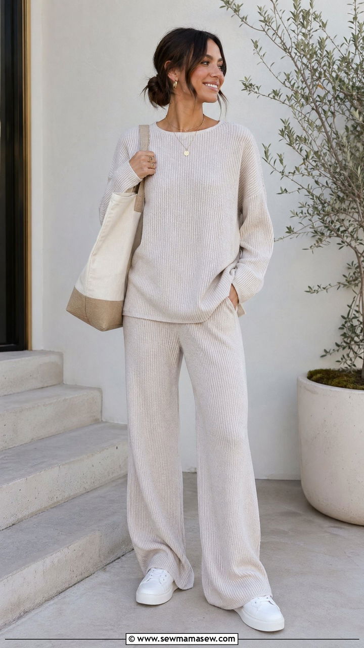 Two Piece Knit Set With White Sneakers - 35 spring classy outfit ideas