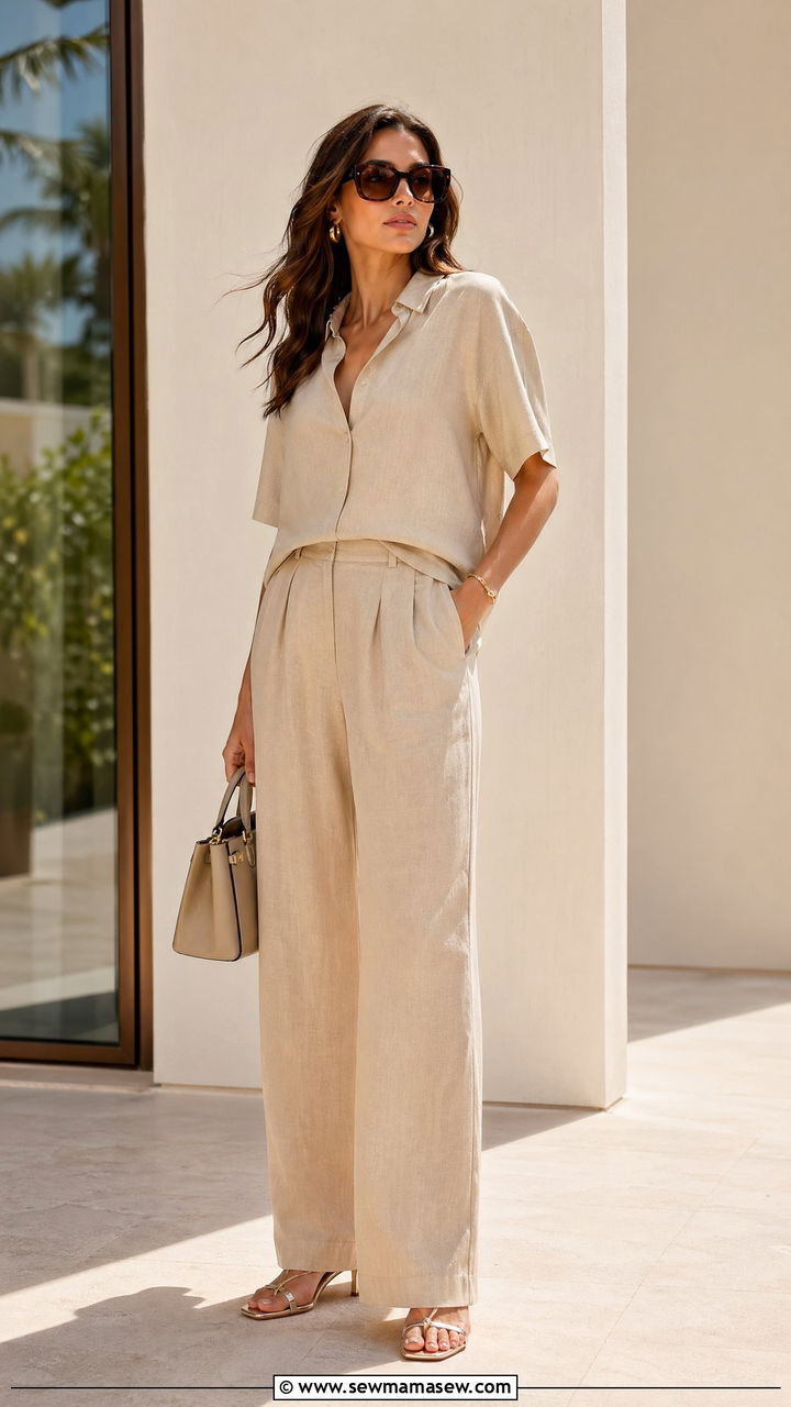 Two Piece Linen Co Ord Set and Strappy Heels - 35 summer business casual outfit ideas