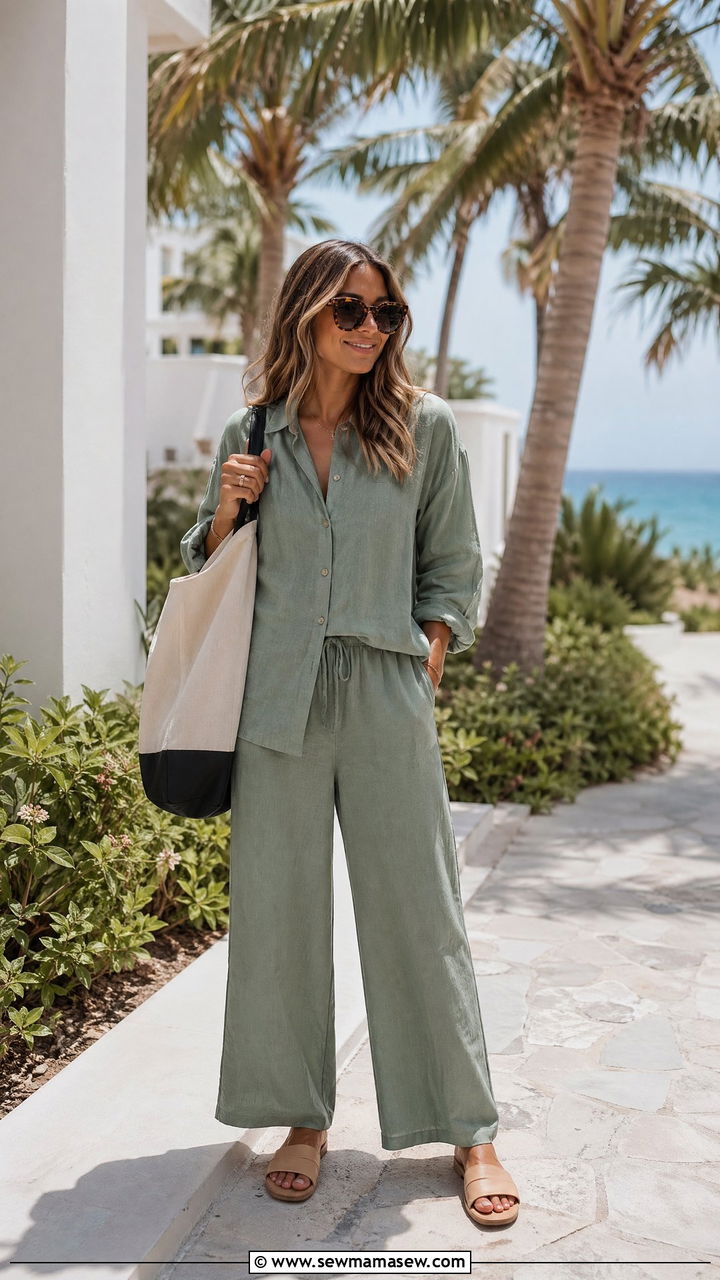 Two Piece Linen Co Ord Set with Flat Slides - 35 summer outfit ideas casual