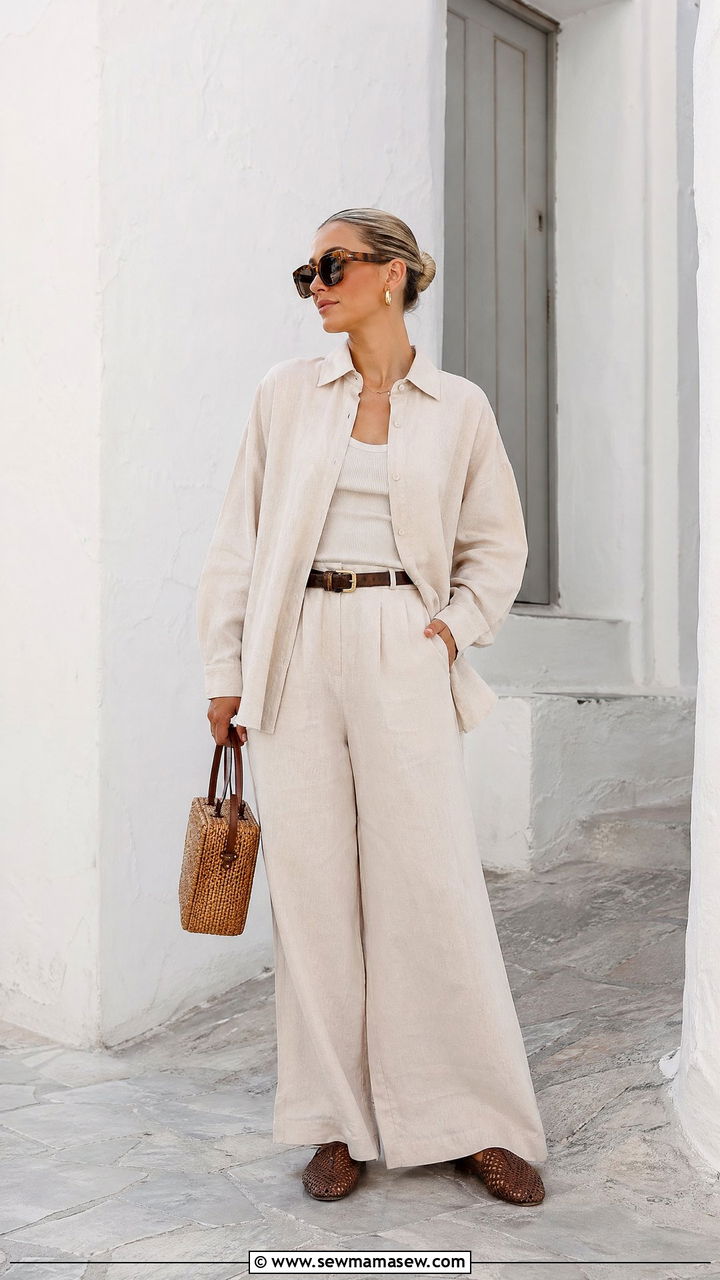 Two Piece Linen Matching Set In Neutral Tones - 35 classy beach vacation outfits