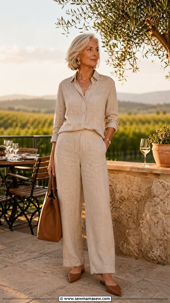 Two Piece Linen Set With Mules - 35 Vacation outfit ideas for women over 60