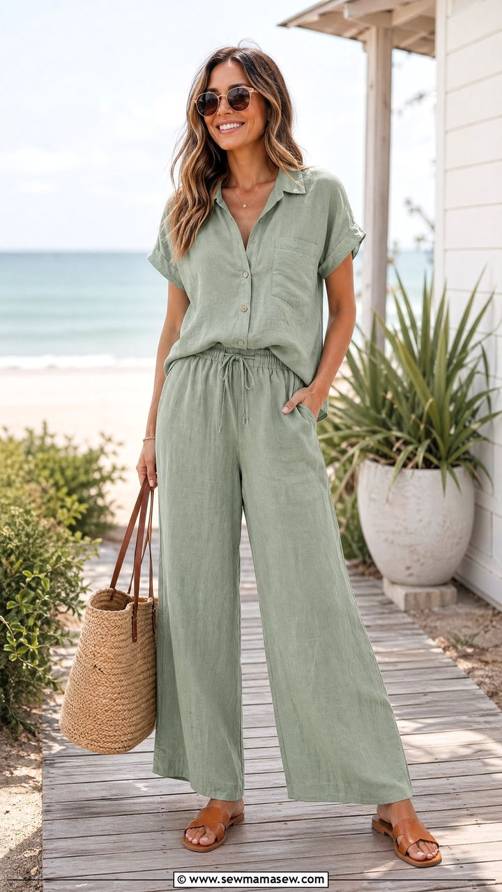 Two Piece Linen Set with Slides - 35 Spring outfit ideas for mom