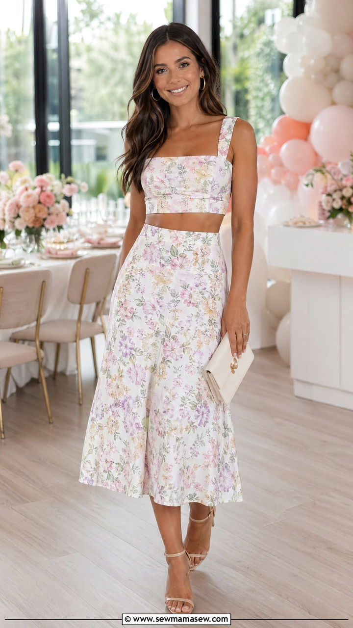 Two Piece Matching Set with Strappy Heels - 35 cute baby shower outfits