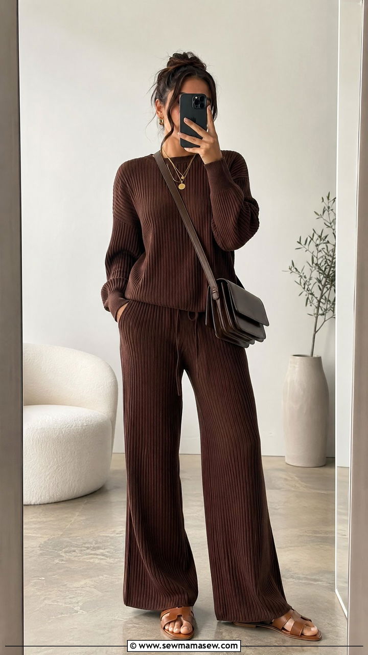 Two Piece Rib Knit Lounge Set With Slide Sandals - 35 casual outfits aesthetic