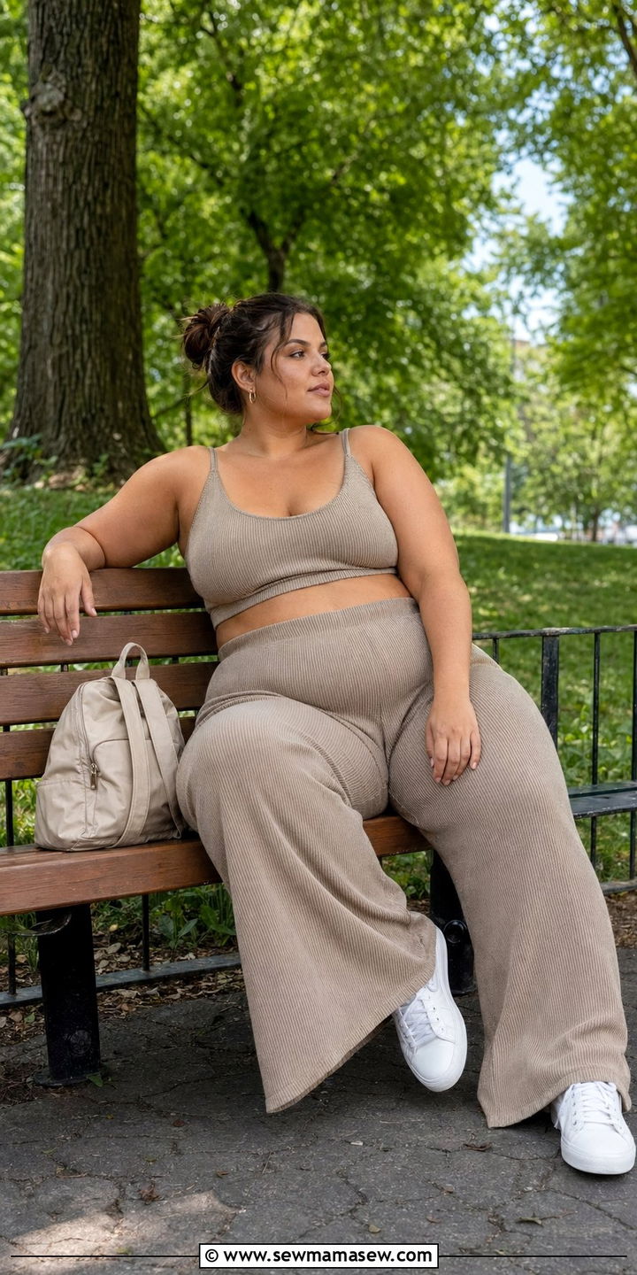Two Piece Ribbed Knit Set With Sneakers - 35 Postpartum outfit ideas plus size
