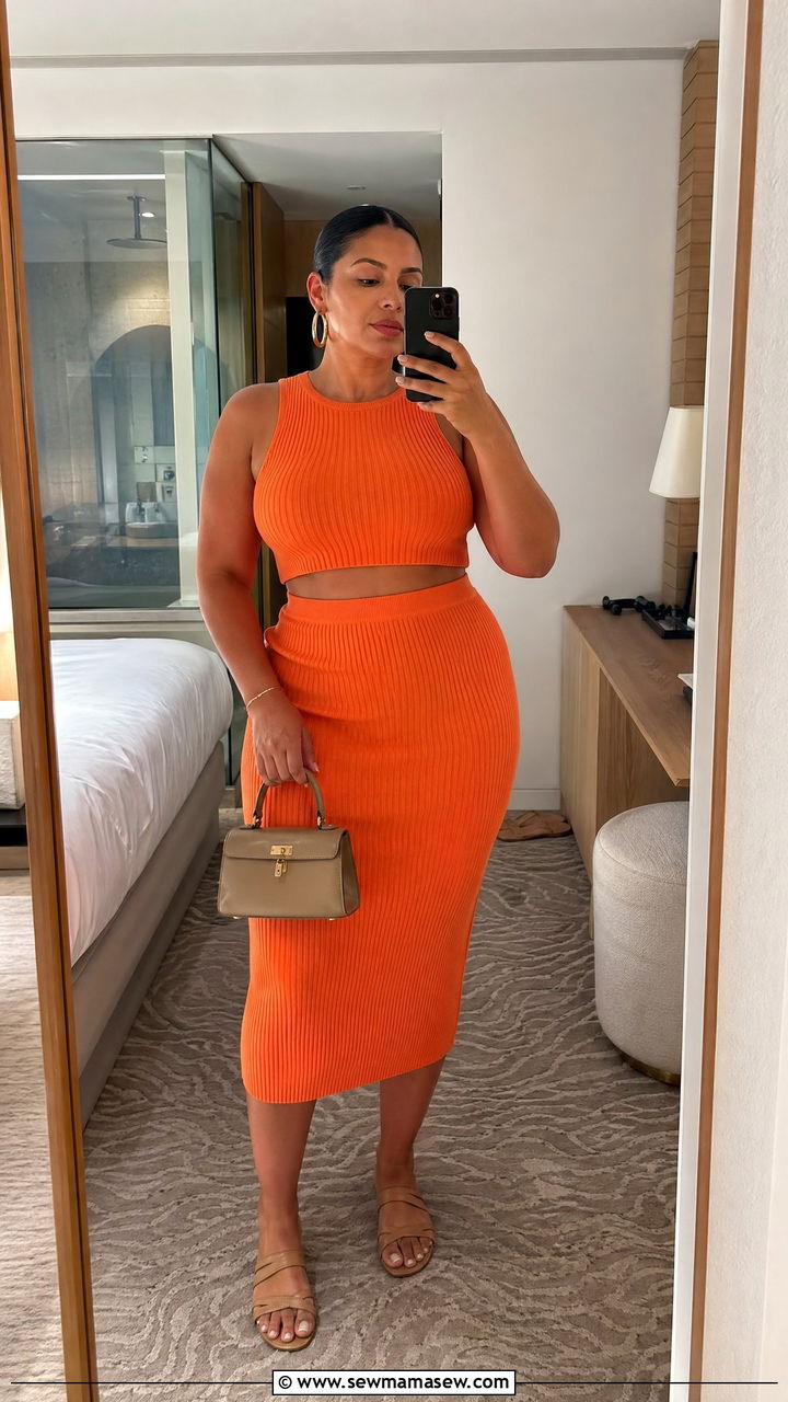 Two Piece Ribbed Matching Set with Neutral Sandals - 35 Travel outfits for curvy women