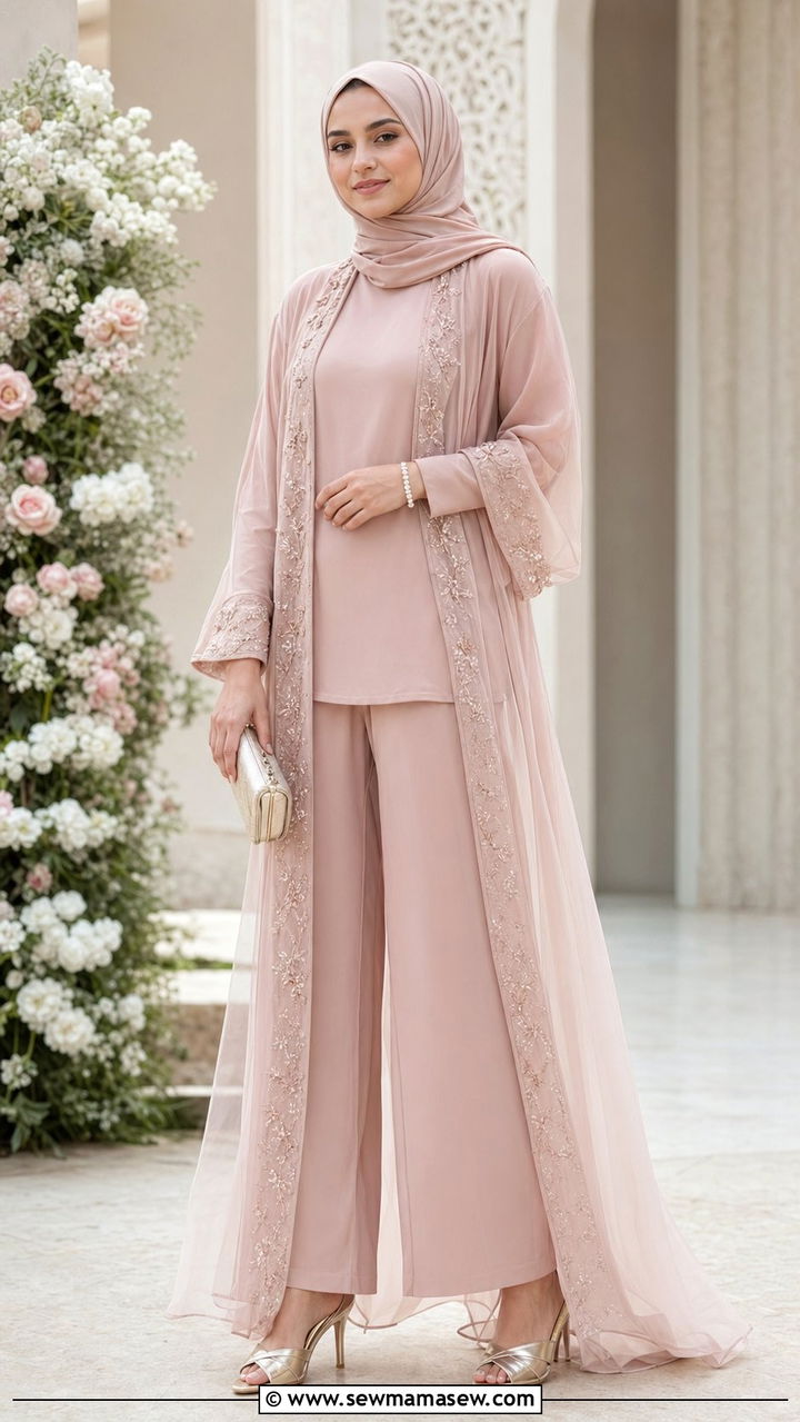 Two Piece Set With Open Abaya Overlay And Hijab - 30 wedding guest outfits for hijab women