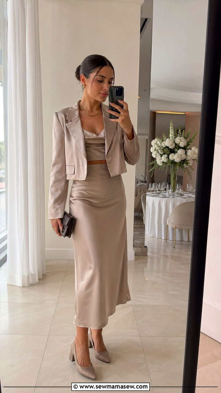 Two Piece Skirt Set with Cropped Blazer - 30 Wedding guest outfits for rainy weather