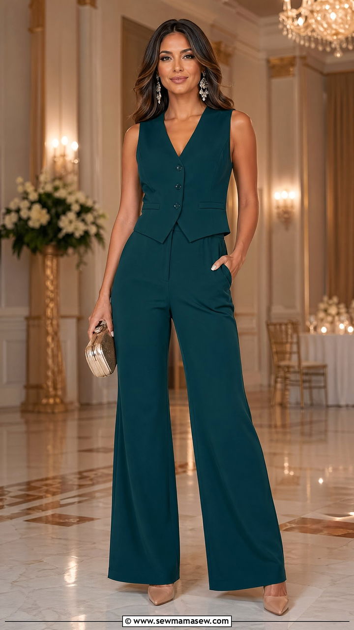 Two Piece Wide Leg Pants Set for Formal Wedding - 35 Wedding guest wide leg pants outfit ideas