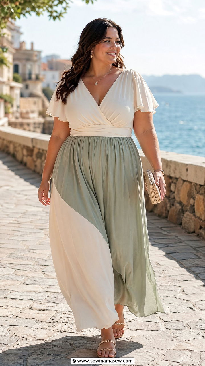 Two Tone Flowy Maxi Dress with Flutter Sleeves Plus Size - 35 cute summer wedding guest outfits