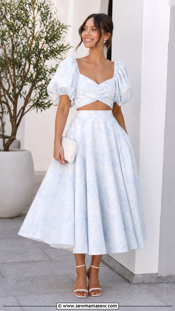 Two piece crop top and flared midi skirt set - 30 wedding guest outfits for pear shaped body