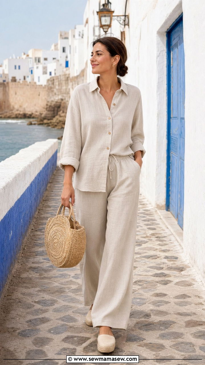Two piece linen set with espadrilles - 35 Morocco vacation outfit ideas