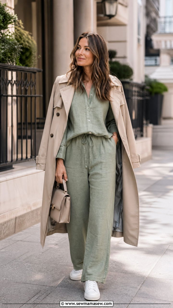 Two piece linen set with white sneakers and trench coat - 35 Transitional wardrobe ideas
