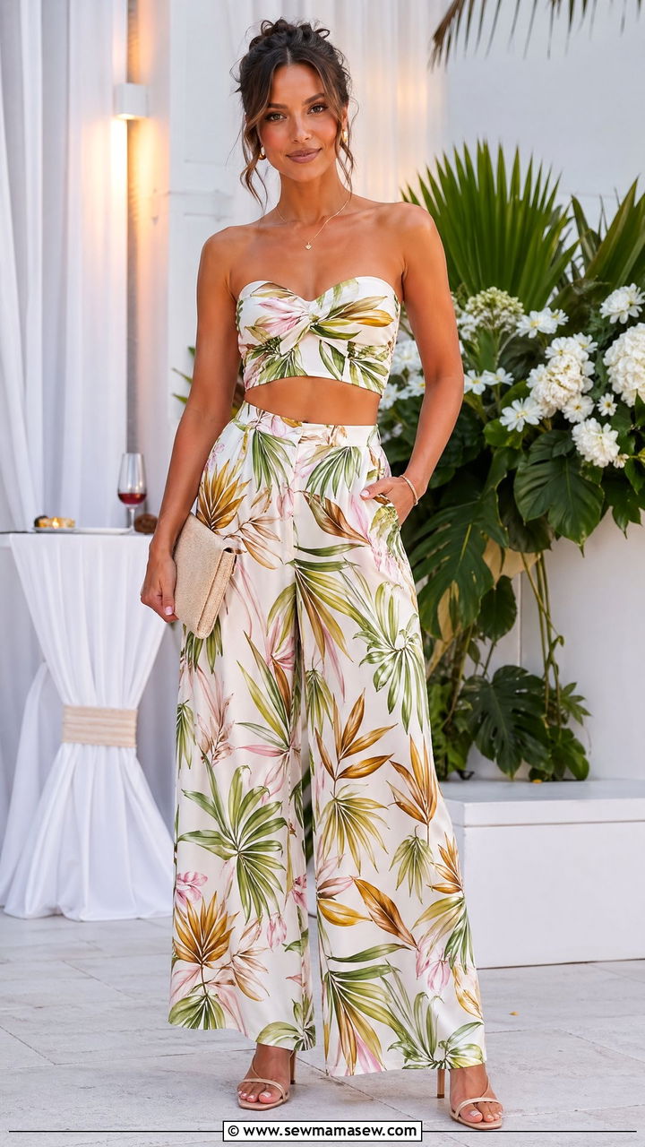 Two piece printed set with strappy heels - 35 Summer outfits for 30 year old woman