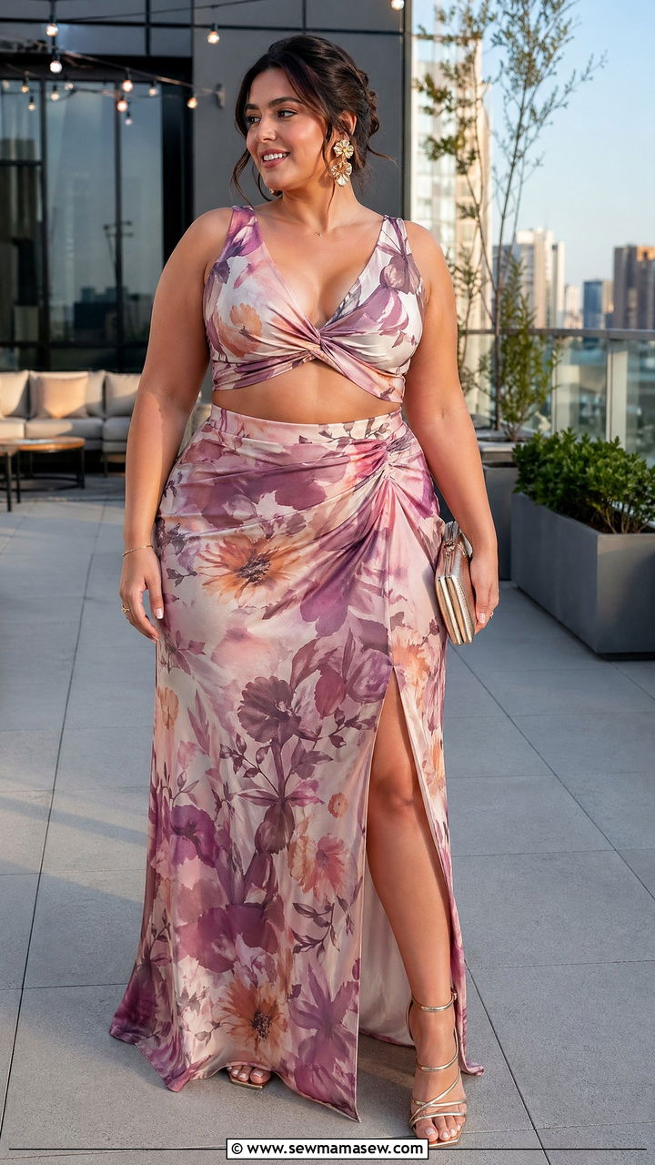 Two piece set with crop top and maxi skirt - 35 Wedding guest outfits for curvy women
