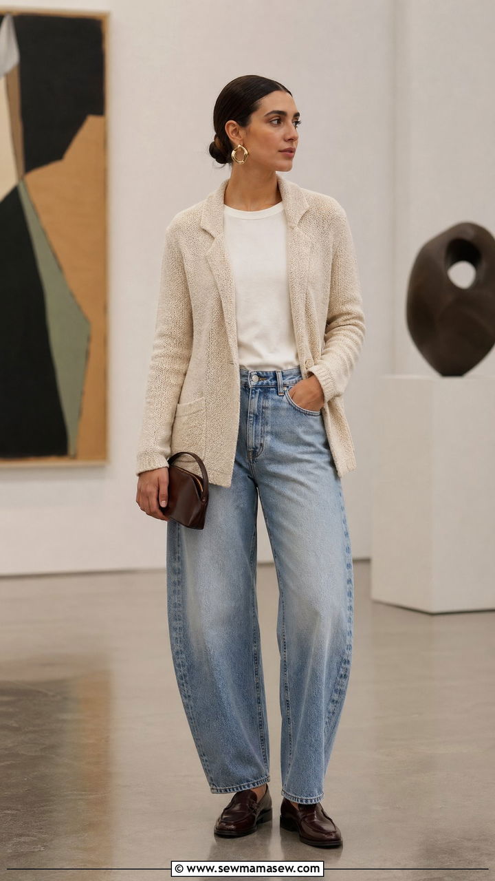 Unstructured Blazer With Tee and Barrel Leg Jeans - 35 comfortable outfit ideas for women