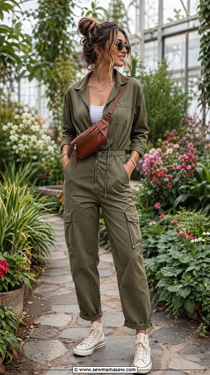 Utility Cargo Jumpsuit with High Top Canvas Sneakers - 40 spring travel outfit ideas