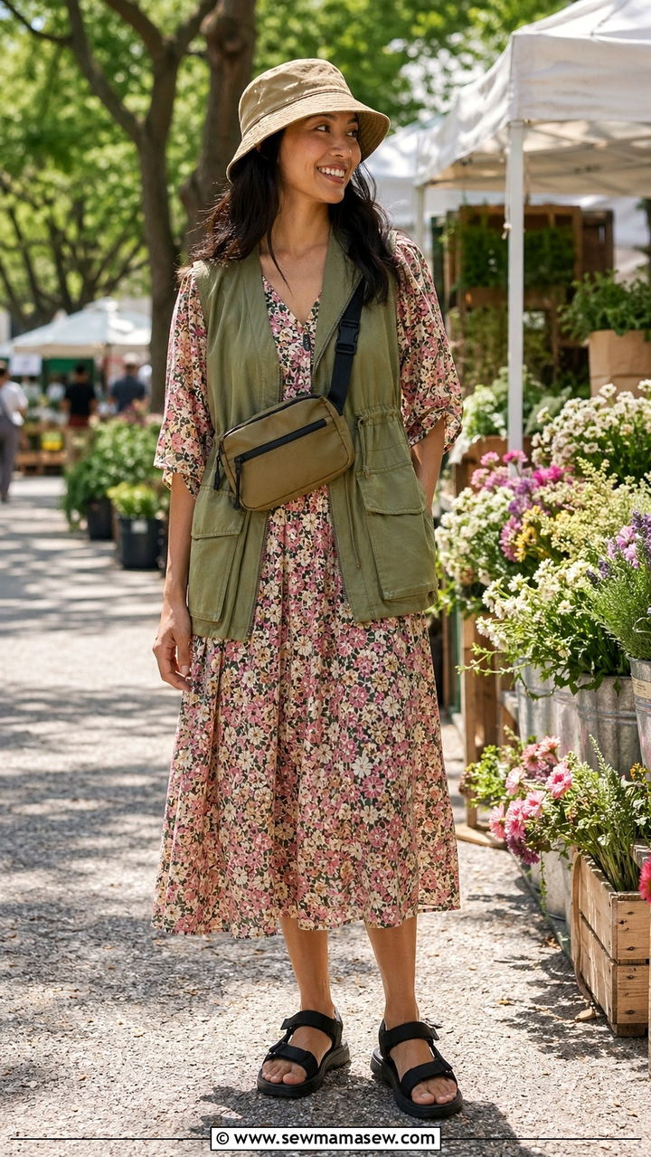 Utility Chic Floral Midi With Sporty Sandals - 30 spring midi dress outfit ideas