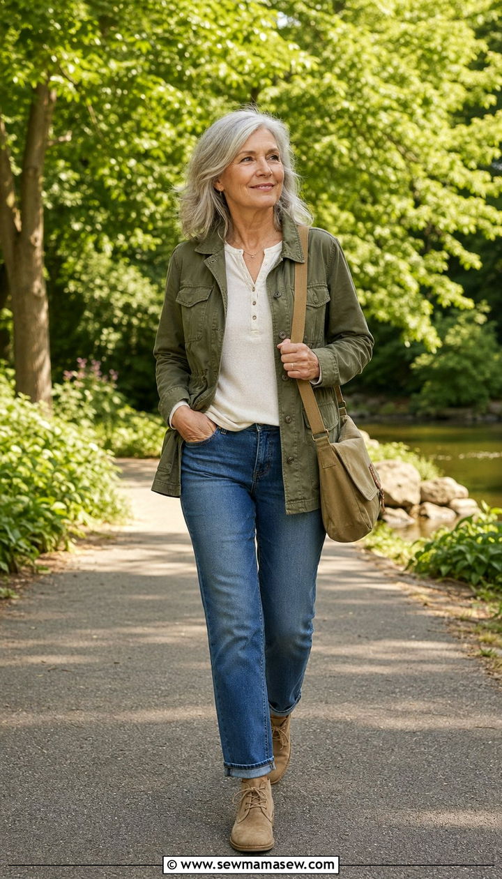 Utility Jacket And Straight Jeans Aging Gracefully Outfit - 30 Aging gracefully outfit ideas
