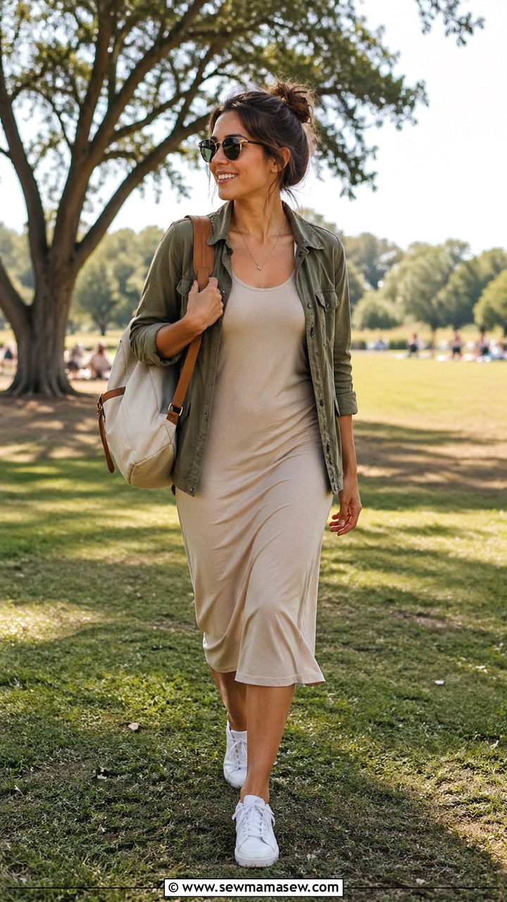 Utility Jacket Over Dress for Spring Gathering - 30 Spring family reunion outfits