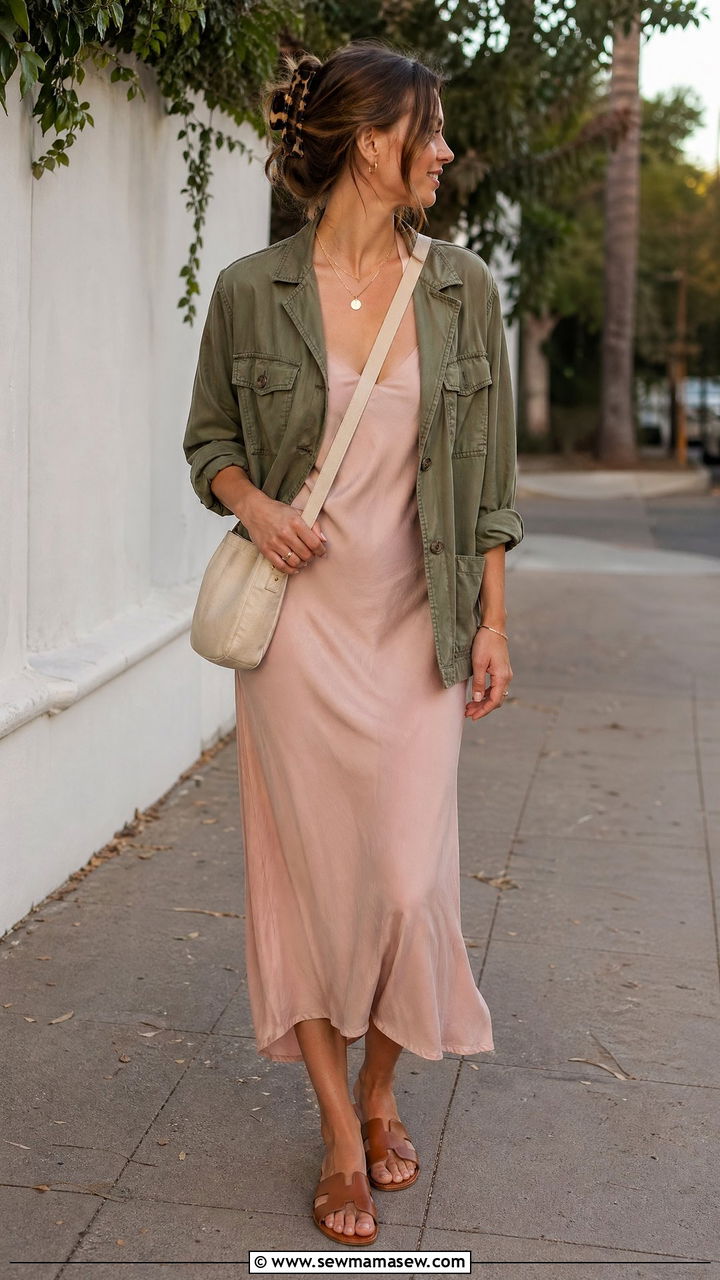 Utility Jacket Over a Slip Dress - 35 Summer transition outfits for women