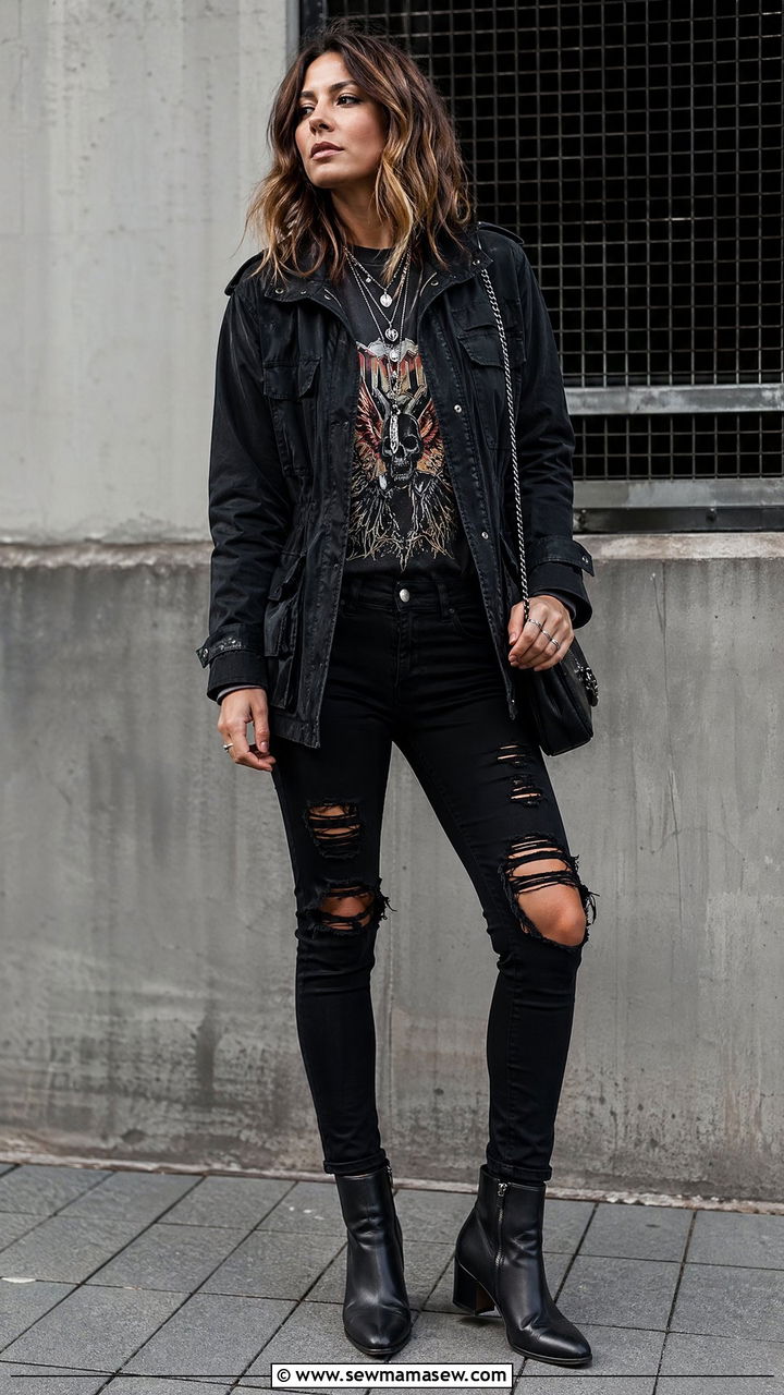 Utility Jacket With Band Tee And Ripped Jeans - 35 Utility jacket outfit ideas