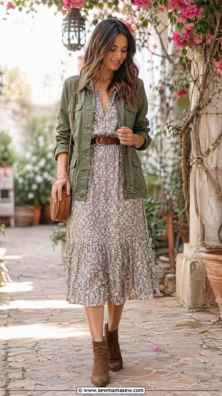 Utility Jacket With Floral Midi Dress And Ankle Boots - 35 Utility jacket outfit ideas