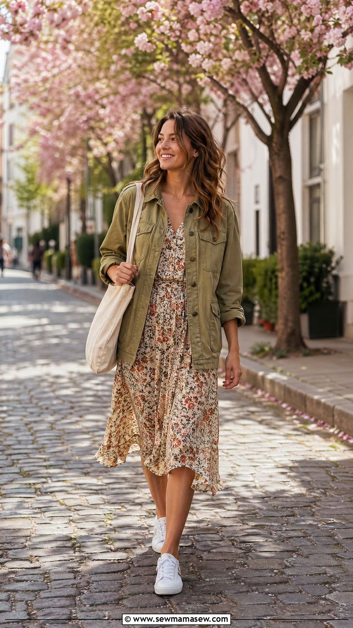 Utility Jacket With Floral Midi Dress And White Sneakers - 35 spring parisian outfits