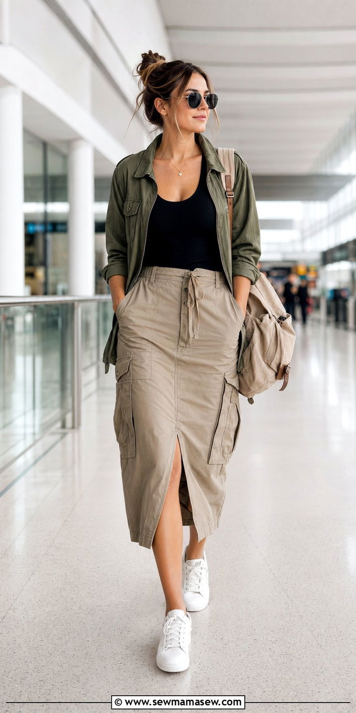 Utility Jacket With Knit Tank And Cargo Skirt - 30 airport outfits Pinterest