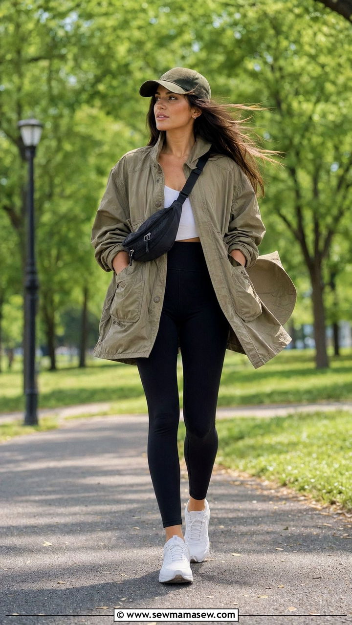 Utility Jacket With Leggings And Running Shoes - 30 Windy day outfit ideas