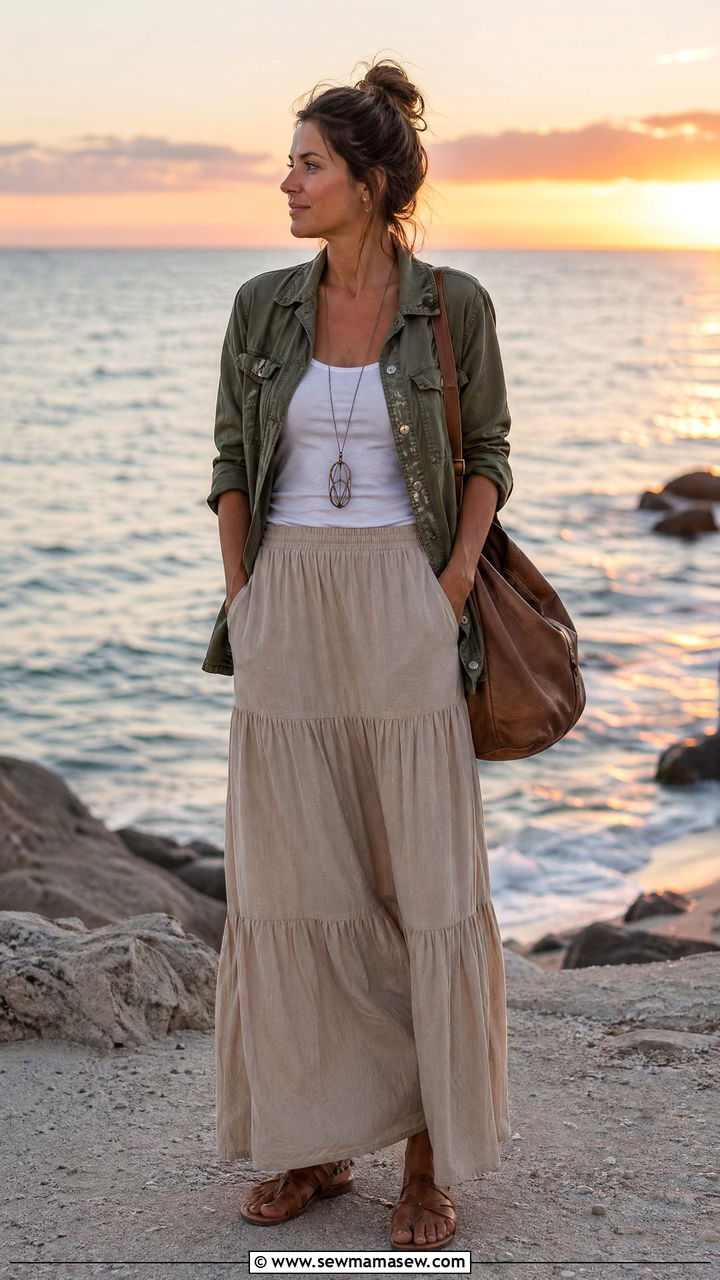 Utility Jacket With Maxi Skirt And Flat Sandals - 35 Utility jacket outfit ideas
