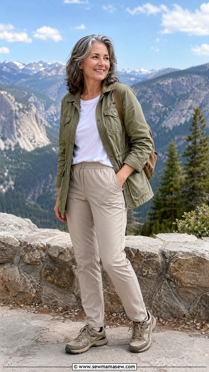 Utility Jacket With Pull On Trousers For Adventure Travel - 35 Travel outfits for women over 50