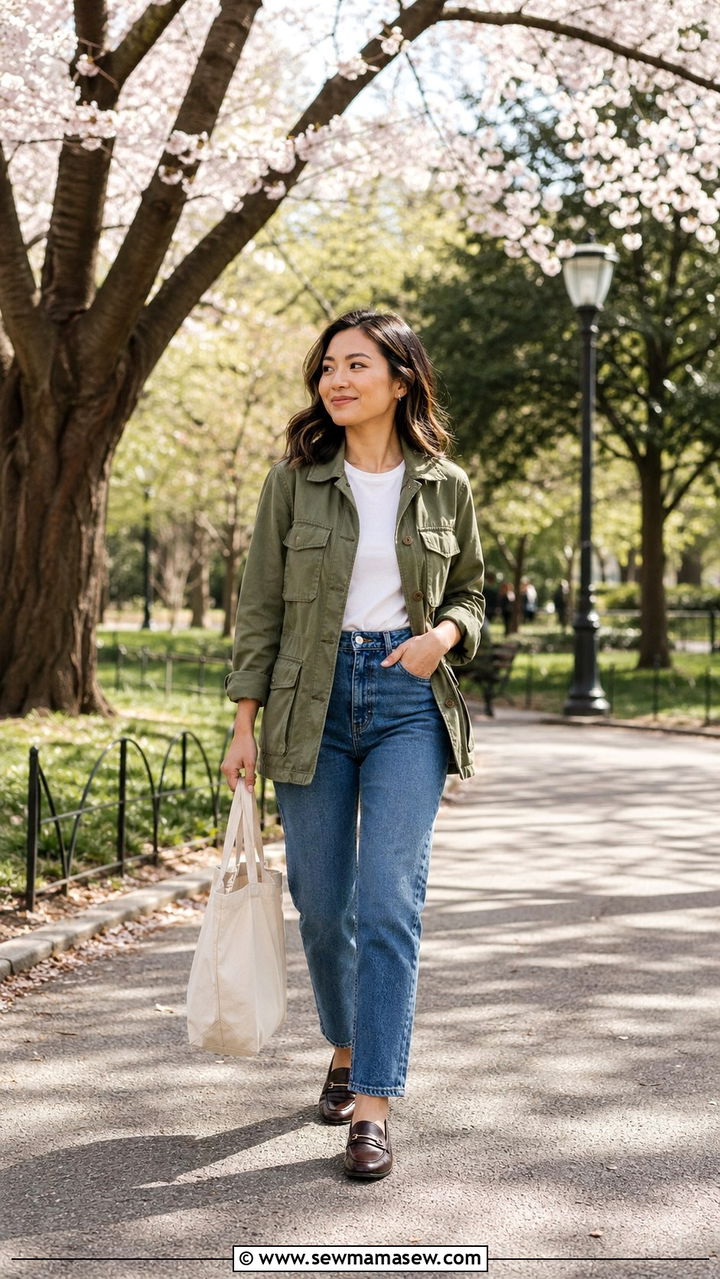 Utility Jacket With Straight Jeans And Loafers Outfit Petite - 30 Spring capsule wardrobe for petite women