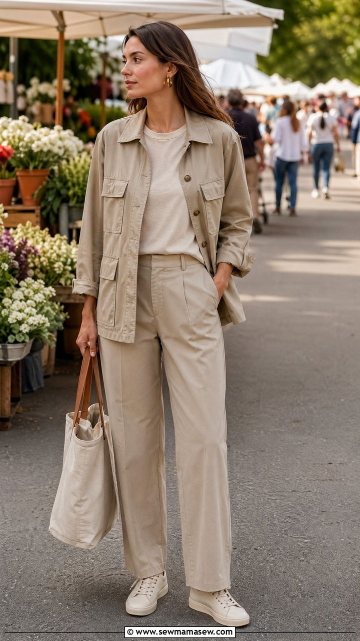 Utility Jacket With Straight Trousers and Sneakers - 35 spring quiet luxury outfits