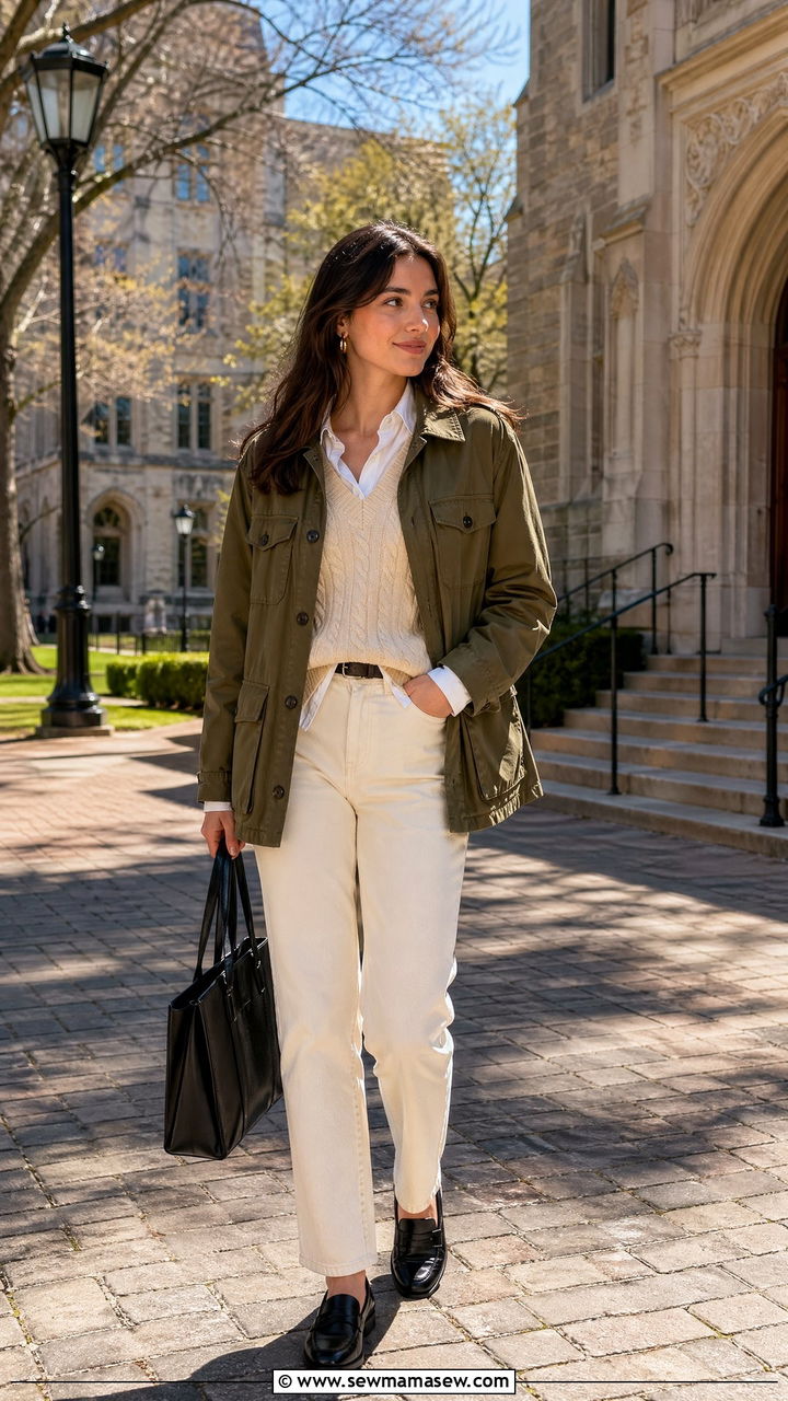 Utility Jacket With Sweater Vest Over Button Down And Loafers - 35 Utility jacket outfit ideas