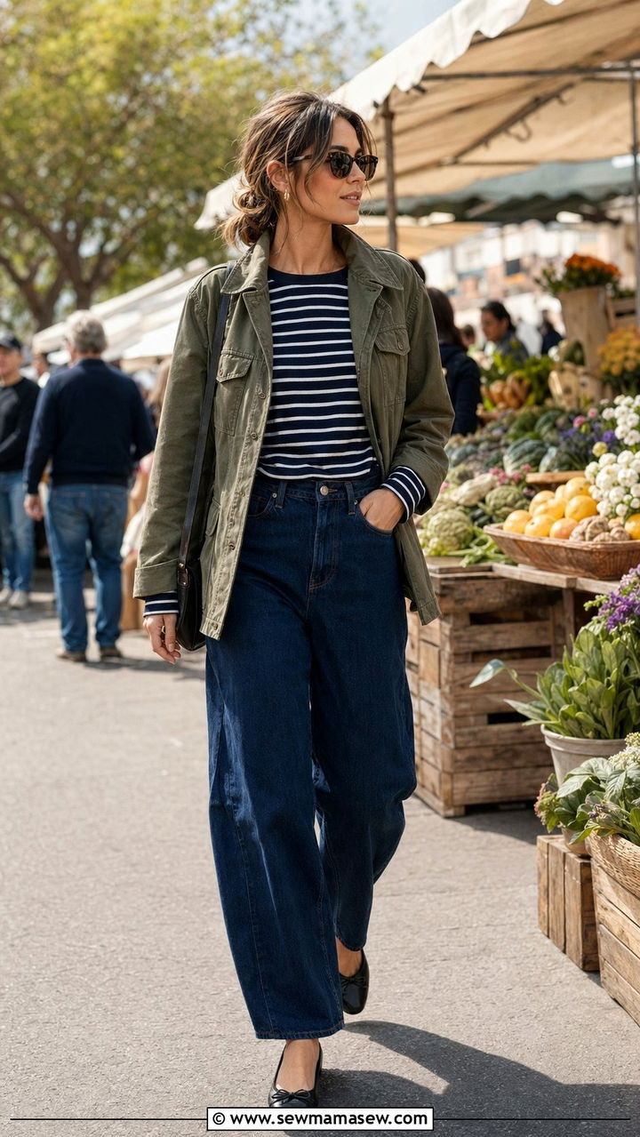 Utility Jacket With a Striped Tee and Barrel Jeans - 30 50 degree weather outfits