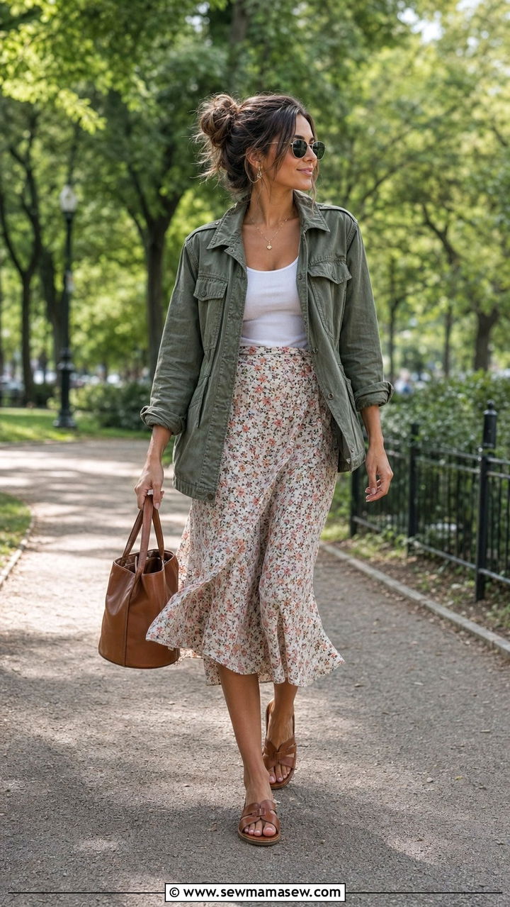 Utility Jacket and Midi Skirt Outfit - 30 70 degree weather outfits