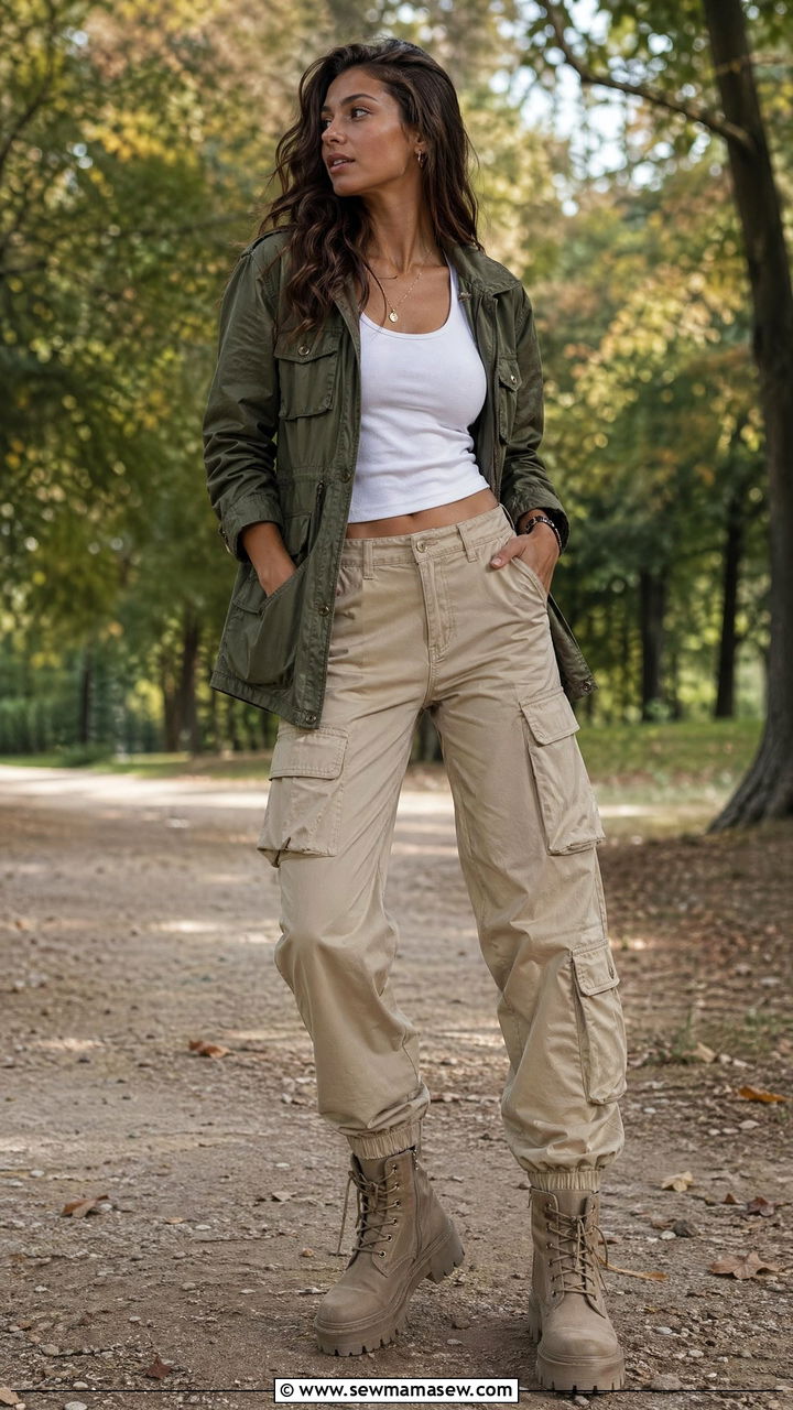 Utility Jacket with Cargo Pants and Chunky Boots - 35 transitional outfits casual
