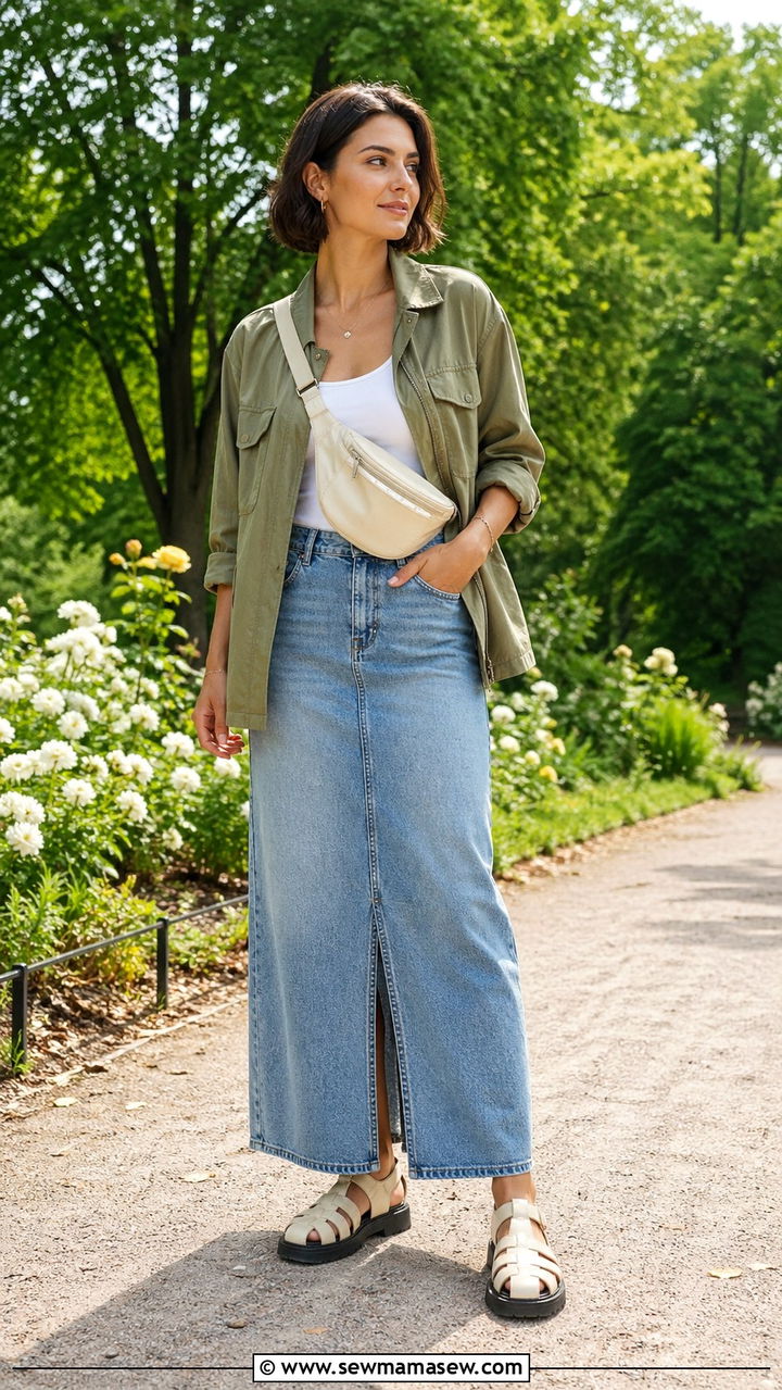 Utility Jacket with Denim Maxi Skirt and Chunky Sandals - 30 spring denim maxi skirt outfit ideas