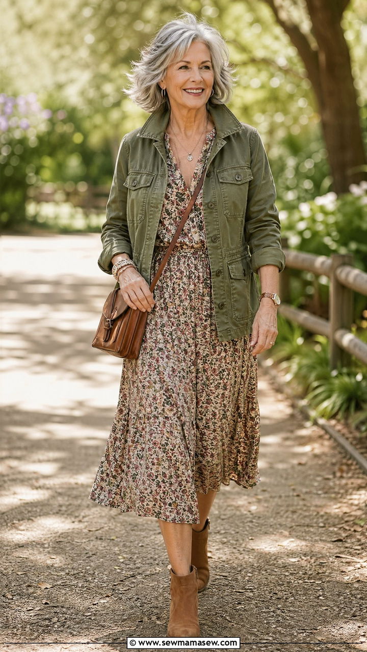 Utility Jacket with Floral Midi Dress - 35 spring outfit ideas for women over 50