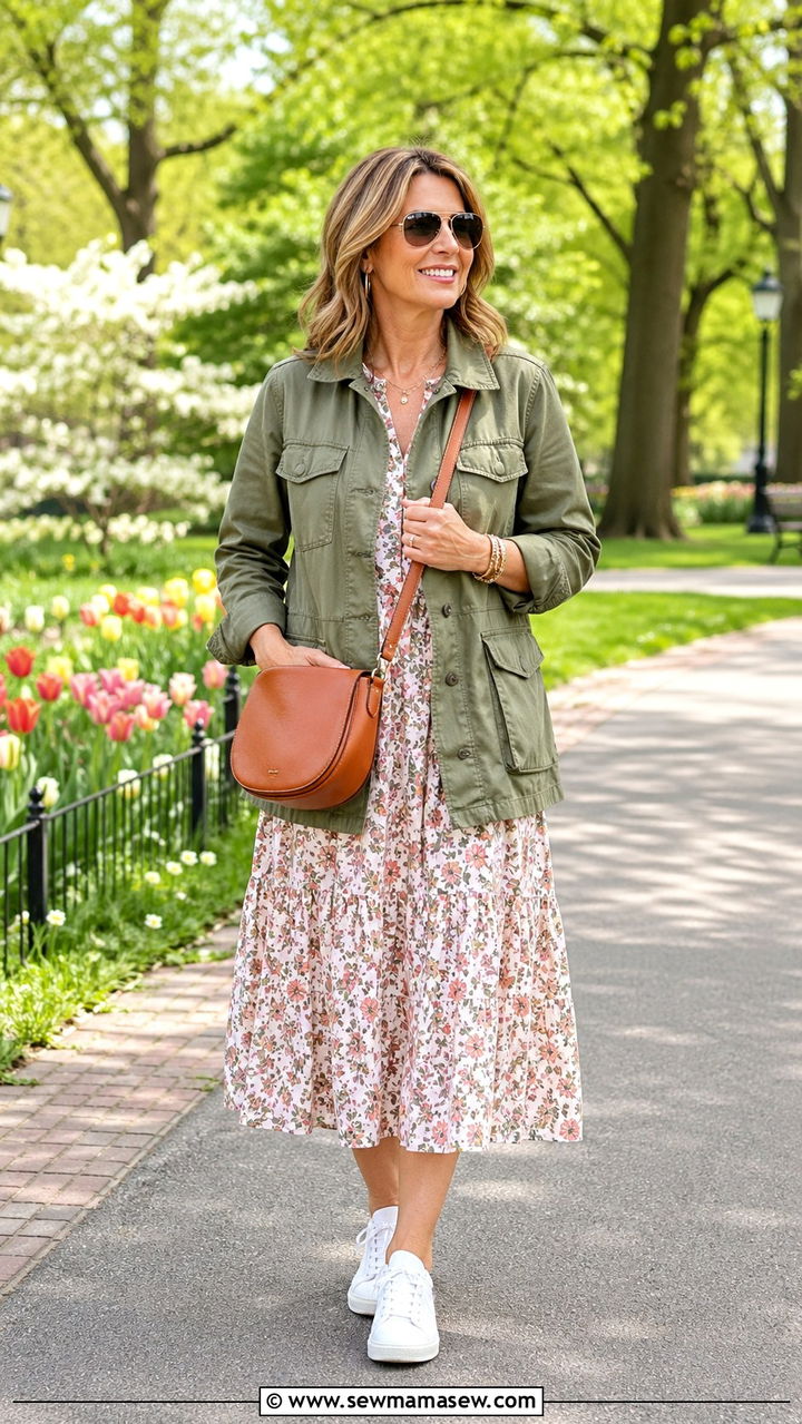 Utility Jacket with Floral Midi Dress - 30 Spring capsule wardrobe over 40