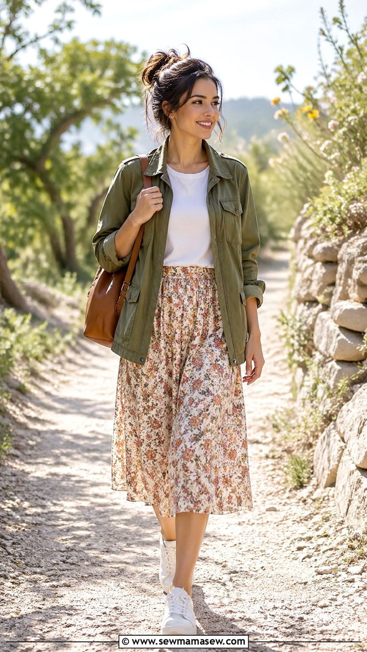 Utility Jacket with Floral Midi Skirt - 30 spring modest outfit ideas