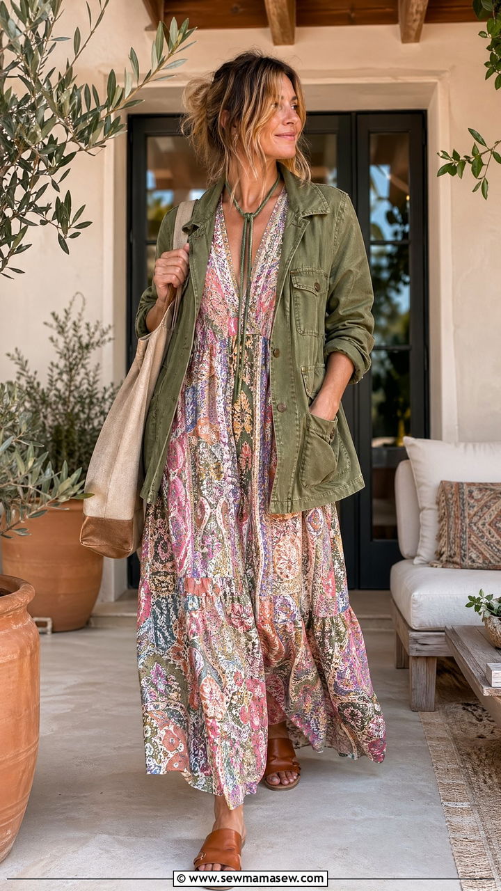 Utility Jacket with Jersey Maxi Dress - 35 spring boho chic outfits